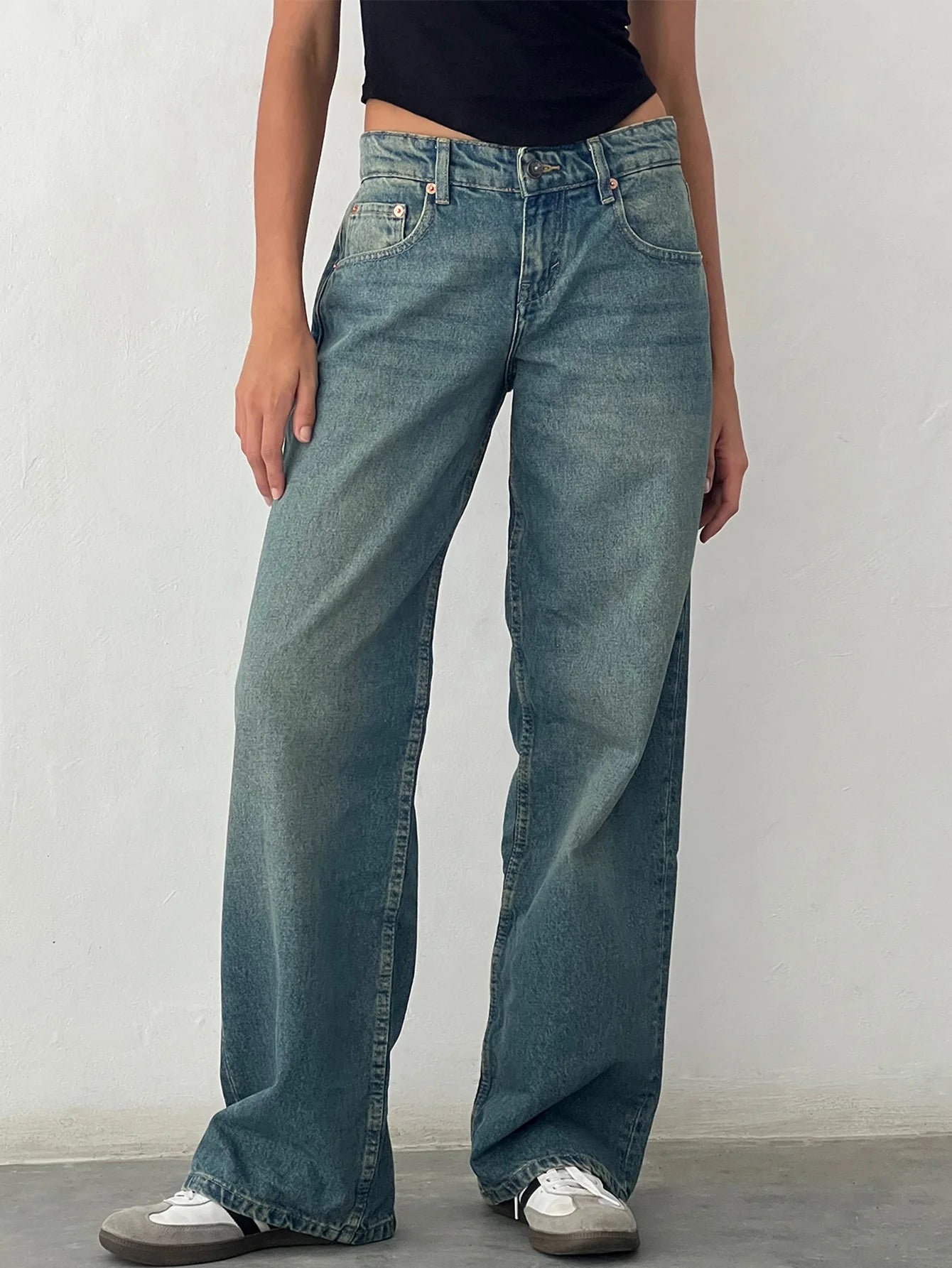 Jeans Women Denim Wide Leg Pant Floor Length Pants Splice Loose Casual Pockets High Waist Straight Trousers Autumn Winter