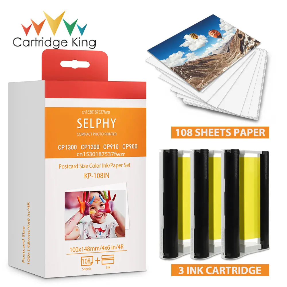 Compatible for Canon Selphy CP1300 CP1200 CP1000 CP910 Ink Cassette for Selphy CP1500 Photo Paper Set Printer KP108IN 6 Inch