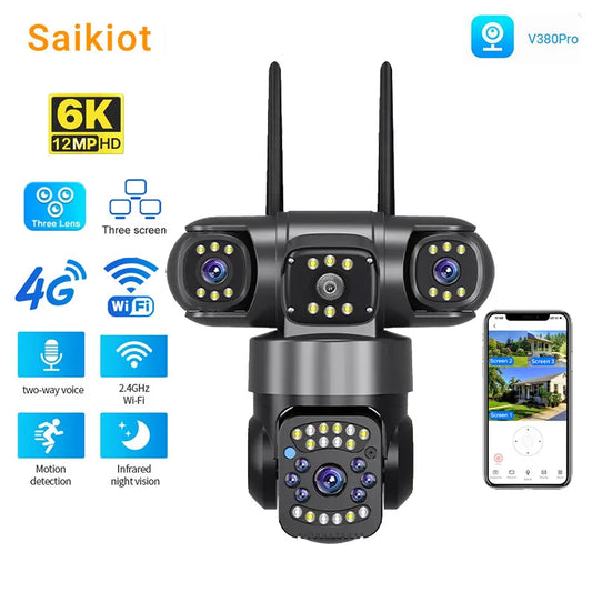 Saikiot V380Pro 4G SIM Card PTZ Camera 12MP 3 Lens 3 Screen WIFI IP Camera Auto Tracking Outdoor Smart Wireless Security Camera