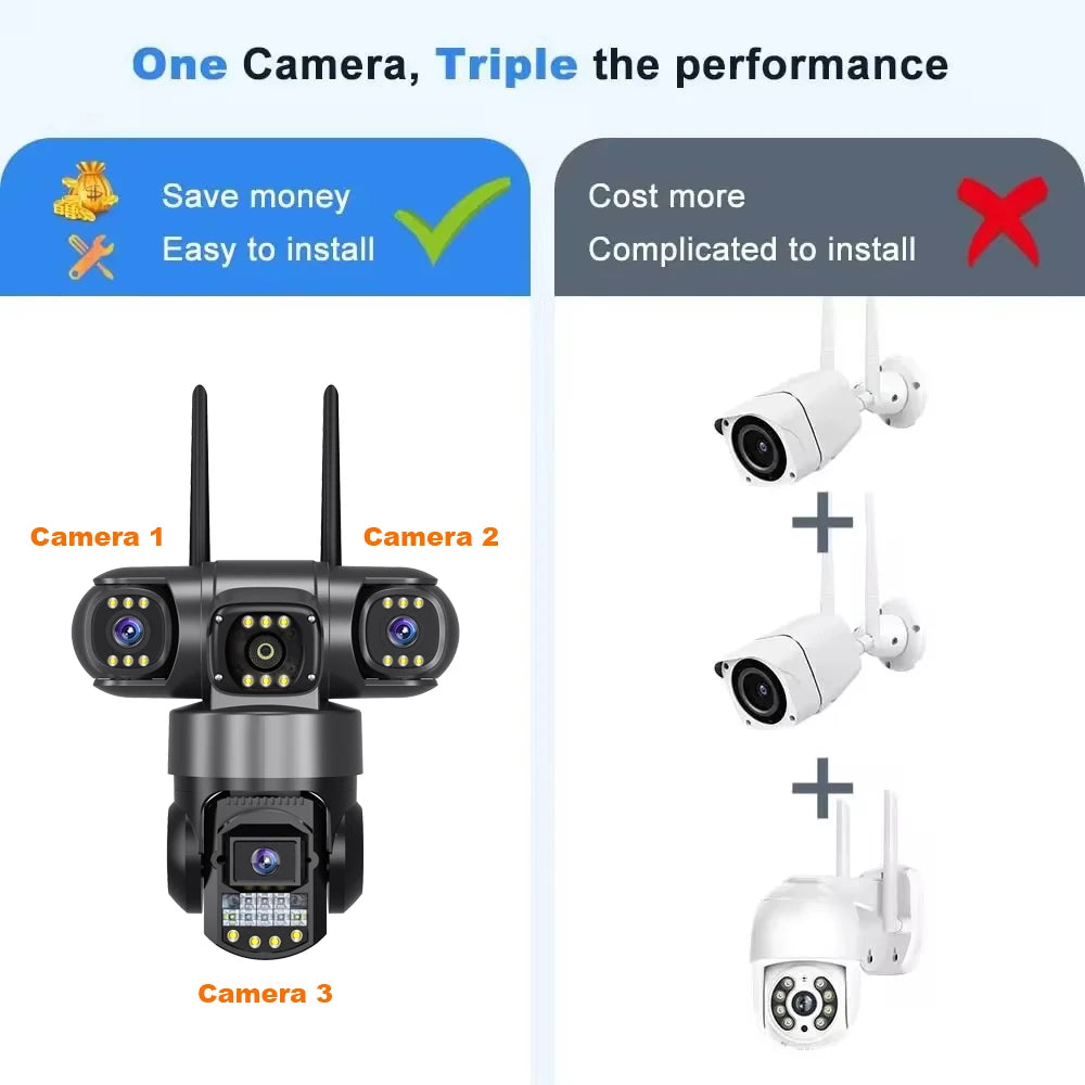 3 Lens Video Surveillance Camera Wifi Network CCTV Camera Wireless 360 Monitor Outdoor Waterproof Security V380 Pro Cameras