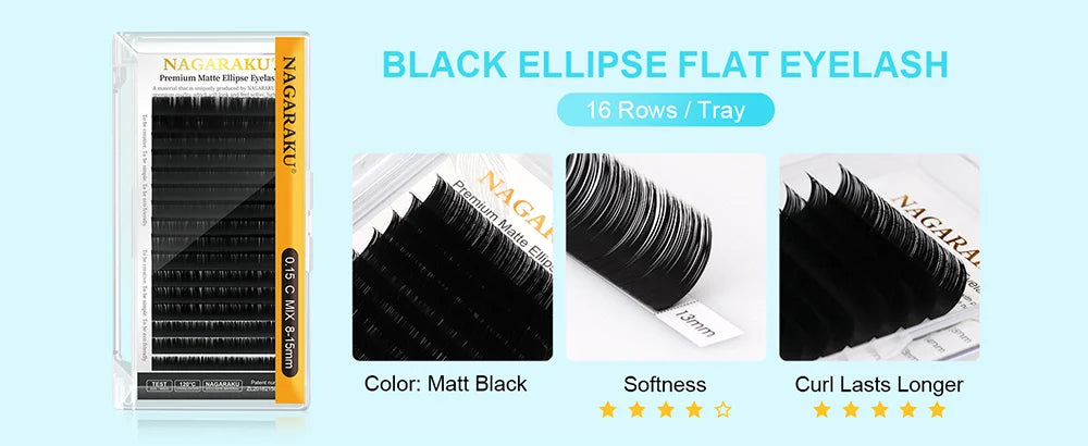 NAGARAKU 16 Rows Flat Ellipse Eyelashes Extensions 0.20 Matte Black Split Tips False Eyelashes Natural Light Soft Makeup Tools