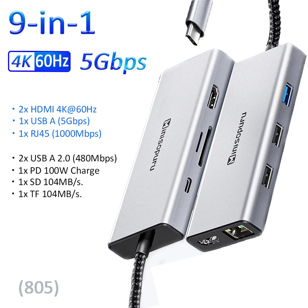 "9-in-1 USB-C Docking Station for Dual Monitors | 4K@60Hz Display, RJ45, PD100W, SD/TF Slots | Multiport Adapter for MacBook Pro"