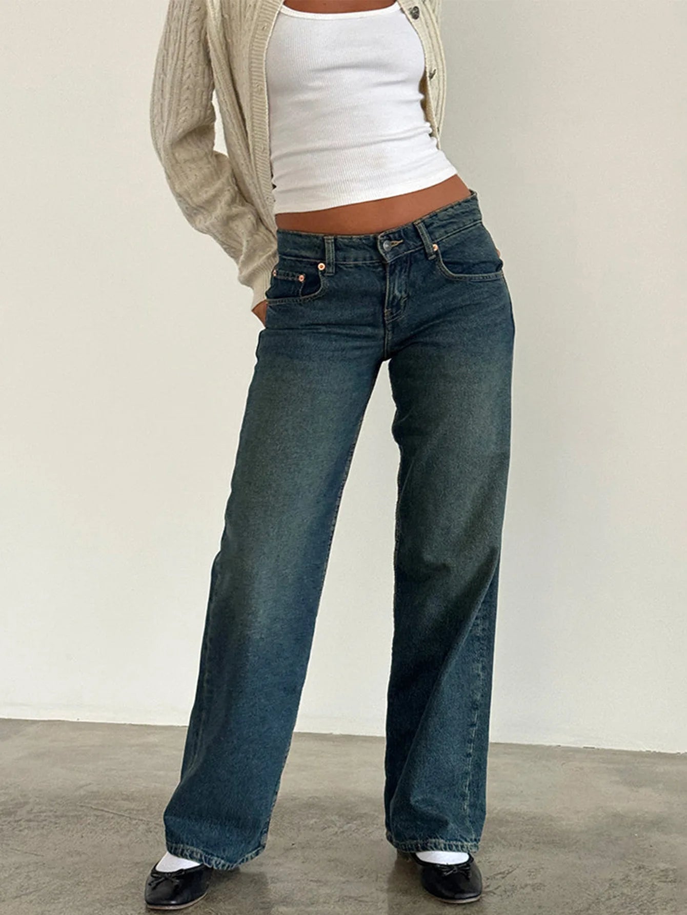 Jeans Women Denim Wide Leg Pant Floor Length Pants Splice Loose Casual Pockets High Waist Straight Trousers Autumn Winter