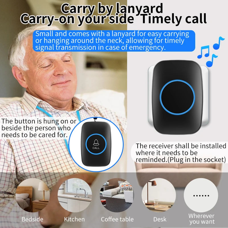 CACAZI Waterproof Panic Button For Elderly SOS Alarm Wireless Caregiver Pager Fall Alert Emergency Call for Seniors Patients