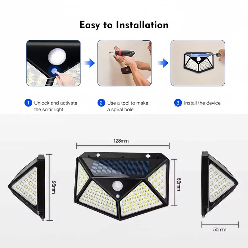 100 LED Solar Wall Lamp Outdoor Lampwaterproof Motion Sensor Solar Powered Sunlight Street Lamp Garden Railing Decorative Lamp