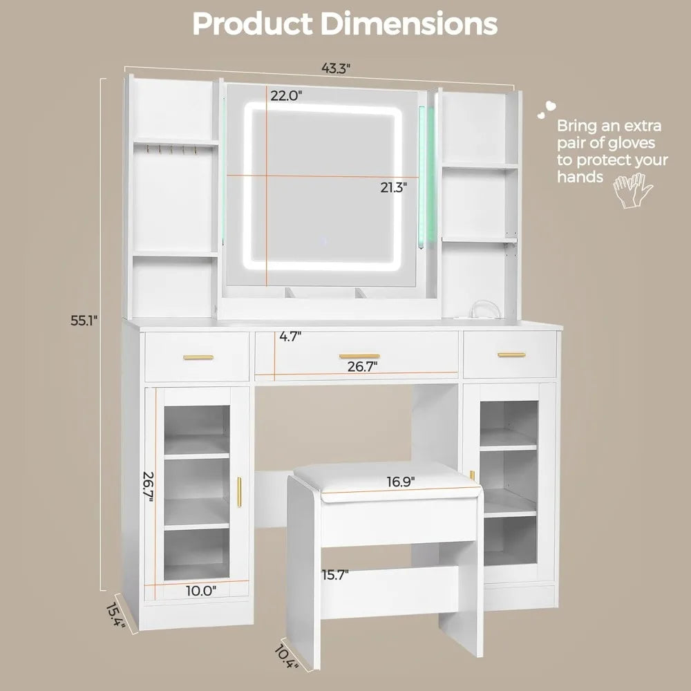 Vanity Desk with Mirror and Lights 3 Colors 43.3" Makeup Vanity with RGB Lights and Power Strip Large Vanity Set Dressing