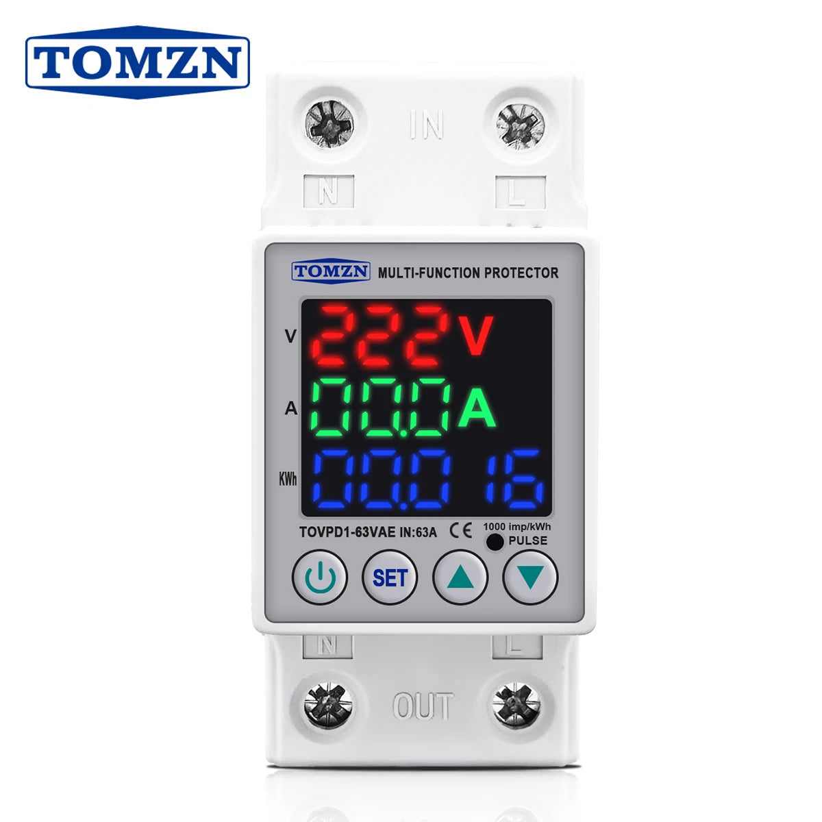 "TOMZN 63A 230V Din Rail Voltage Protector | Adjustable Over/Under Voltage Relay with Current Protection & Energy Meter"