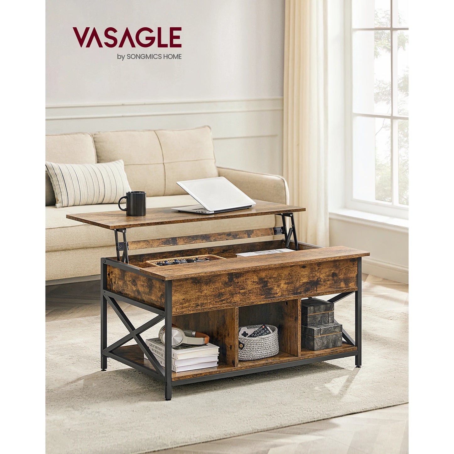 VASAGLE Coffee Table, Lift-Top Table Coffee Table for Living Room, Coffee Table with Open and Hidden Storage, X-Shaped Bars