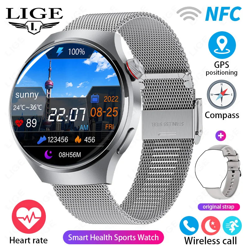 LIGE NFC GPS SmartWatch For Huawei Xiaomi Android ios AMOLED HD Screen Watches Health Smart Watch Men Waterproof Bluetooth Call