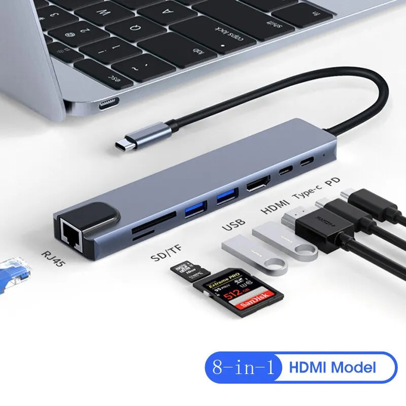 8in1 USB C HUB Type C Splitter 4K Thunderbolt 3 Docking Station Laptop Adapter For Macbook Air M1 iPad Pro RJ45 HDMI Computer