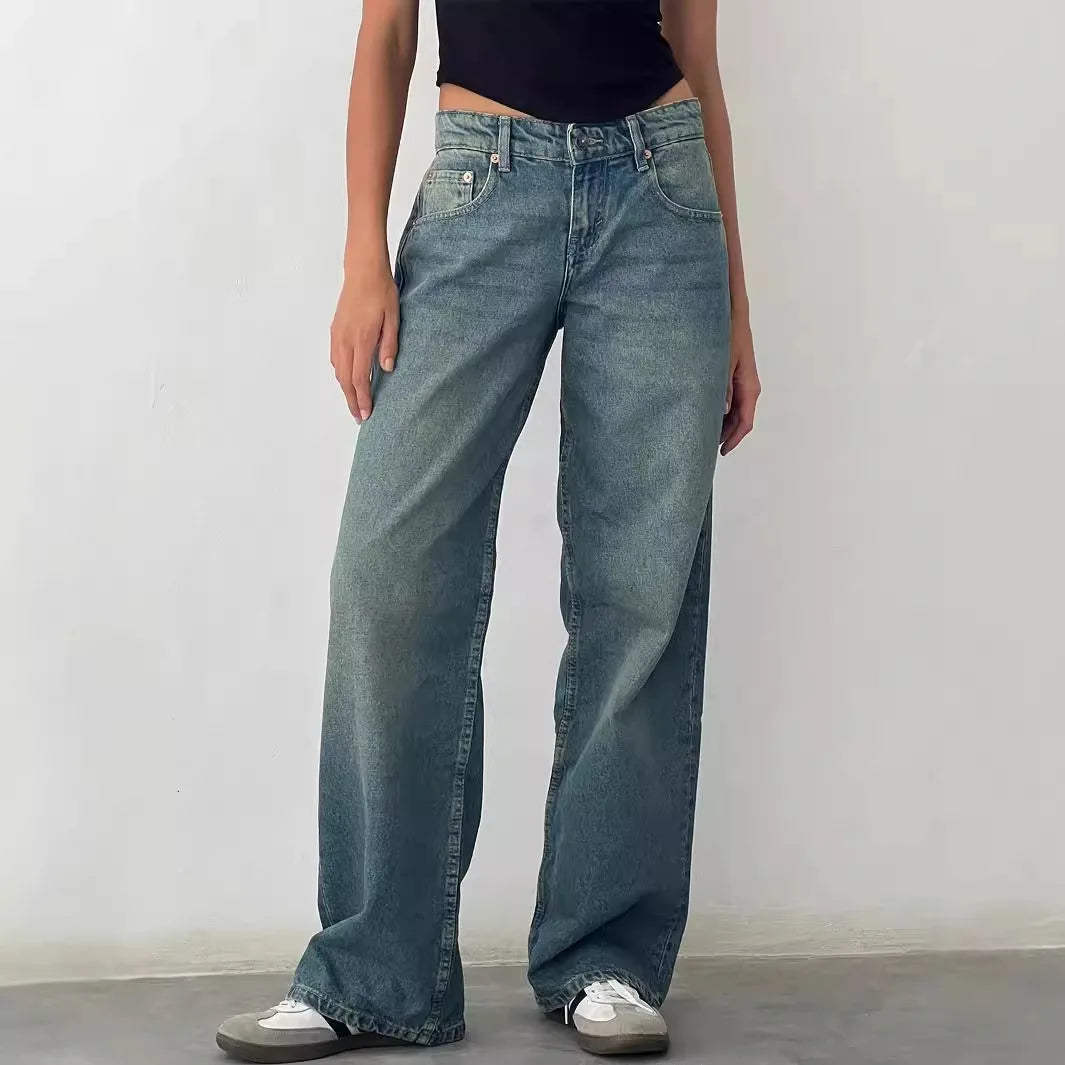 Jeans Women Denim Wide Leg Pant Floor Length Pants Splice Loose Casual Pockets High Waist Straight Trousers Autumn Winter