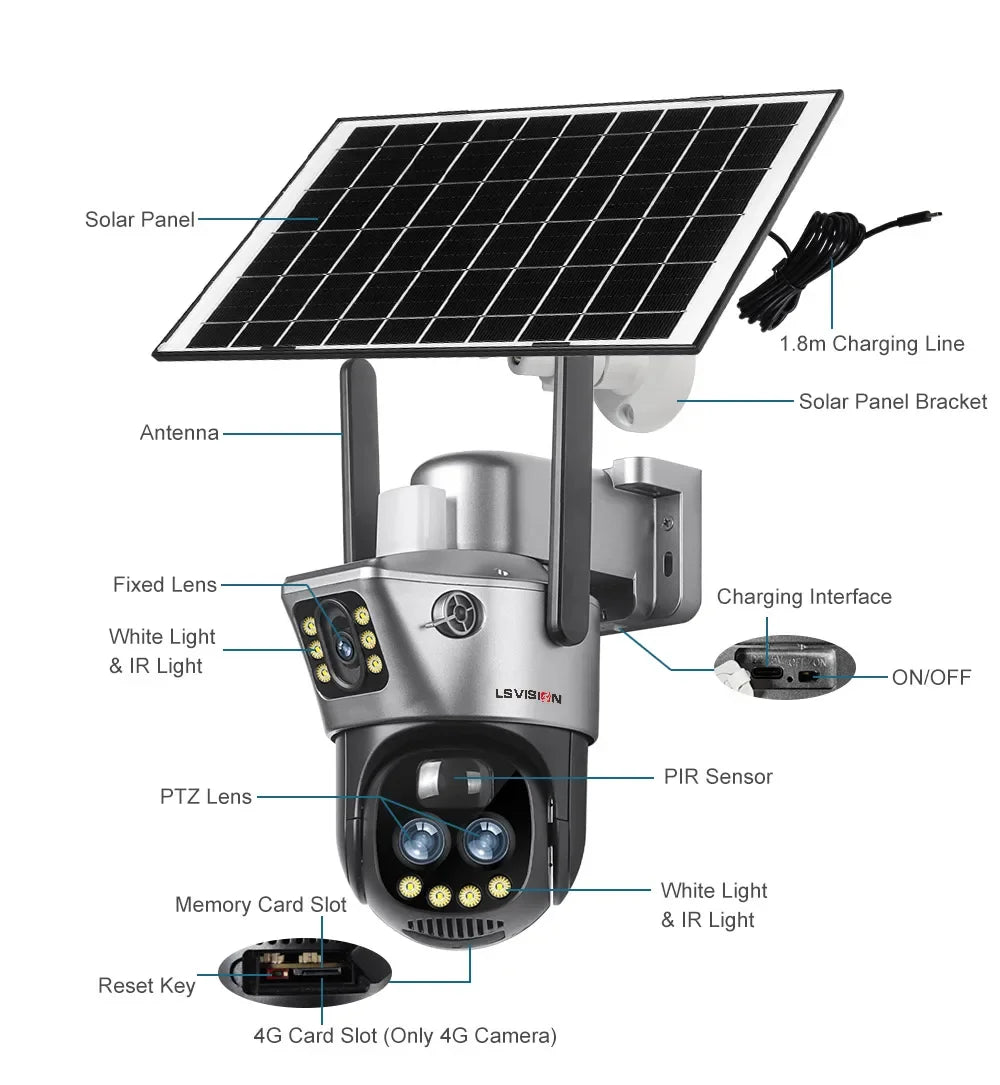 كاميرا LS VISION 6K 12MP 10x Zoom 4G تعمل بالطاقة الشمسية خارجية WiFi PTZ شاشة مزدوجة إنذار الضوء الأحمر والأزرق تتبع تلقائي كاميرات المراقبة