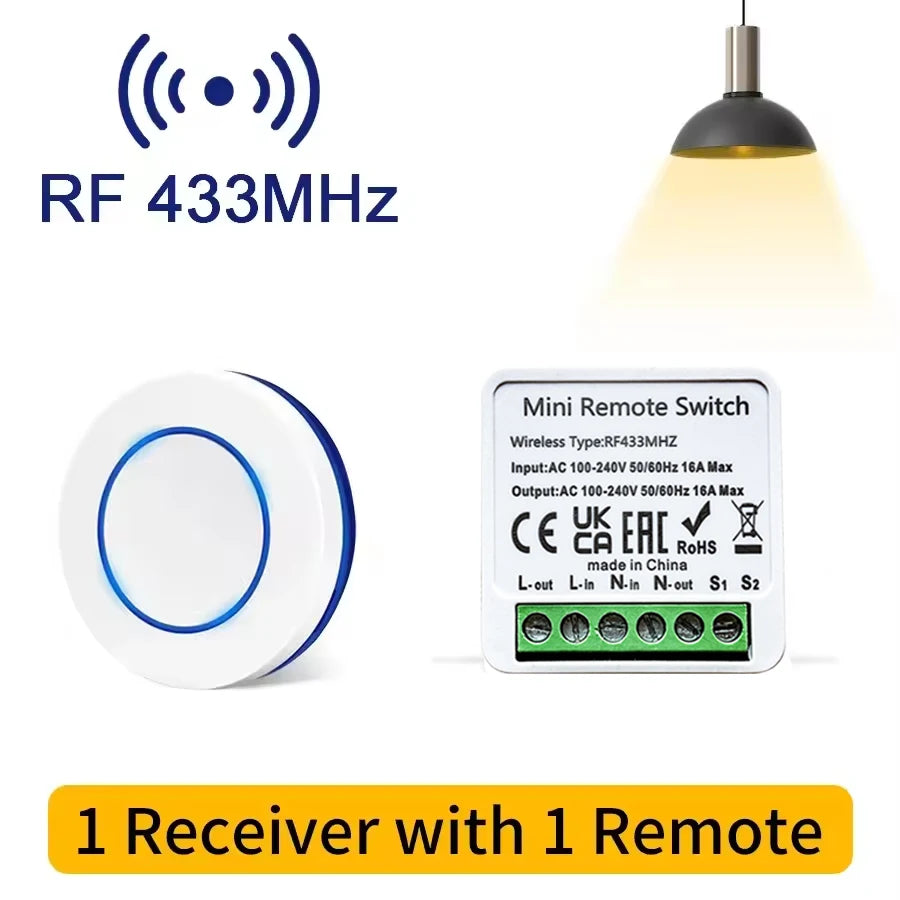 RF 433 MHz Smart Switch 1/2/3 Gang Wall Panel Mini Round Button Wall Panel Switch 16A Relay Receiver Automation Module 100V~240V