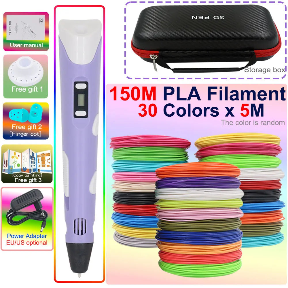 Novel Creative Children's 3D Printing Pen with LCD Display PLA Filament Power Adapter Travel Box Kids Christmas Birthday Gift