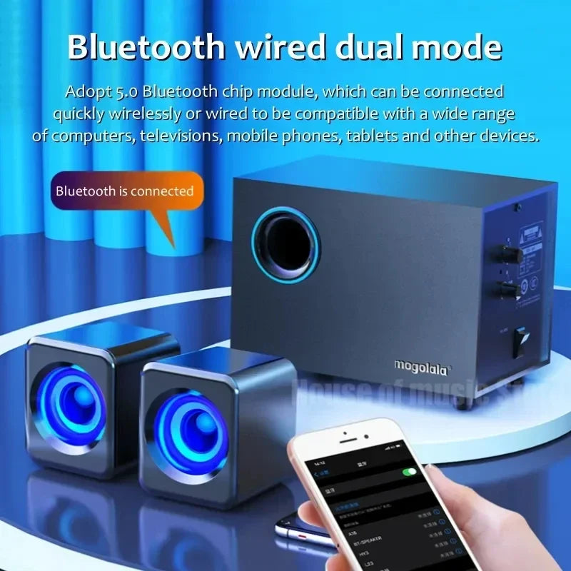 Computer Gaming Speakers PC Sound HIFI Stereo USB Wired With LED RGB Light Strong Bass 2.1 Boombox Wooden Bluetooth Subwoofer