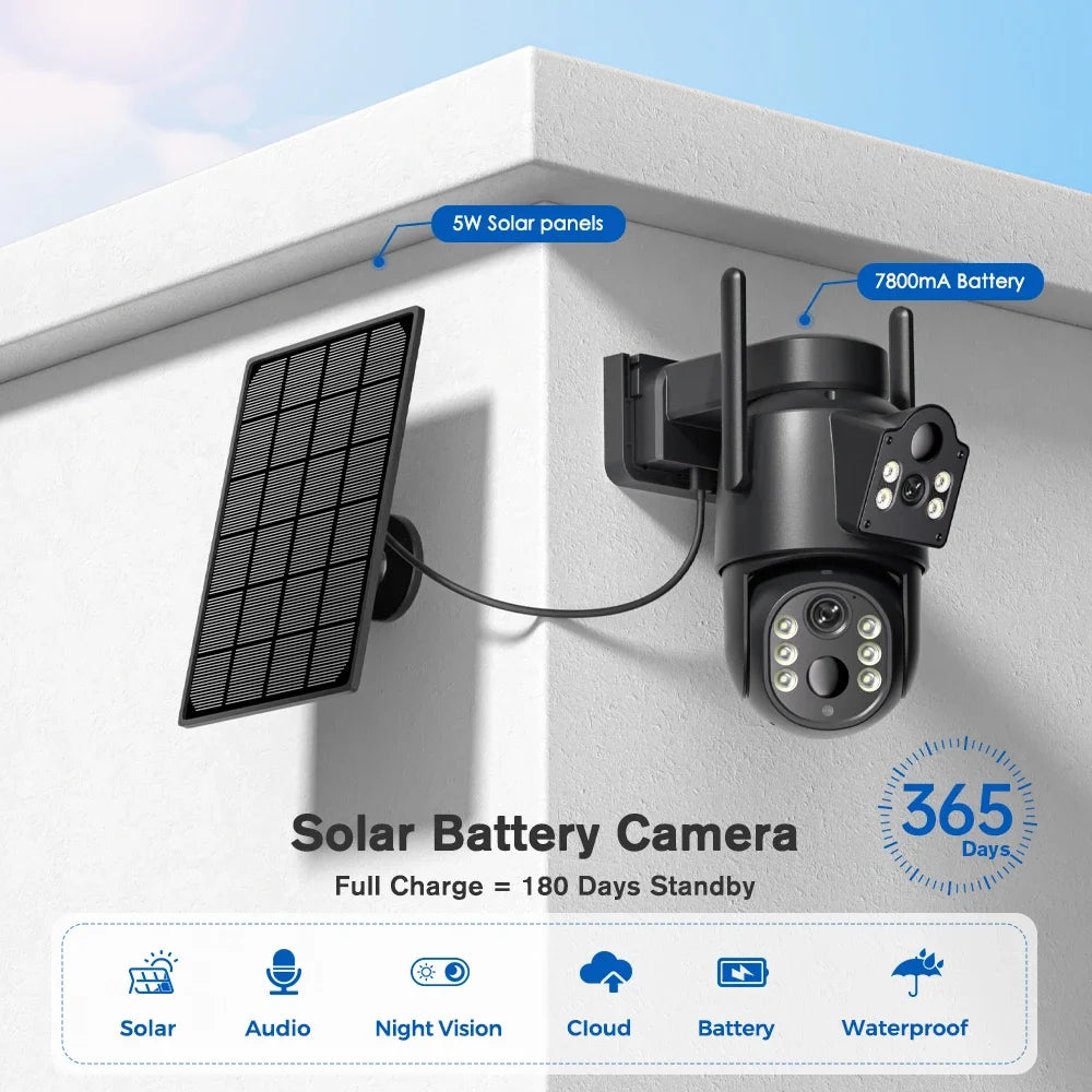 4k 8MP WIFI Solar Camera With 7800 mAh Battery Dual Lens Wireless PTZ Camera Color Night Vision Security Surveillance ICSEE