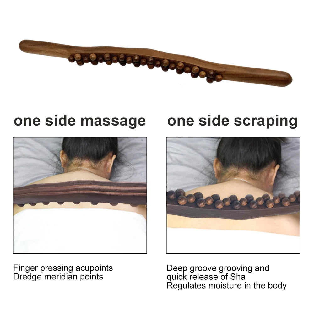 Guasha Wood Stick Tool Wooden Therapy Scraping Lymphatic Drainage Massager Double Row 31/20 Beads Point Back Pain Relief Roller