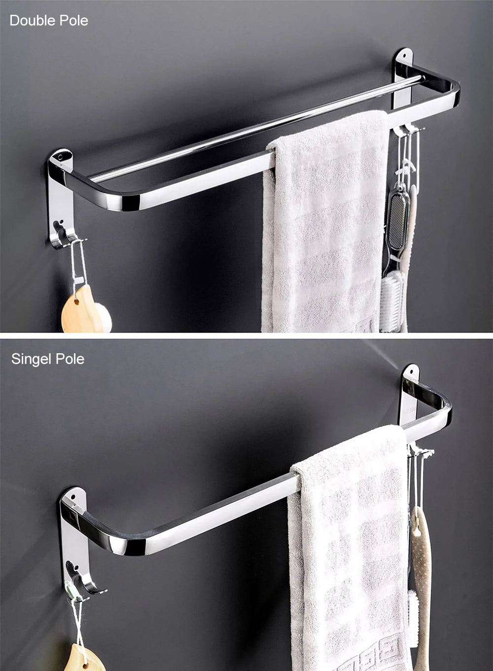 Stainless Steel 40-60CM Towel Bar With Hook Wall Mount Rack Mirror Chrome Shower Rod Rail Hanger Bathroom Holder Accessories