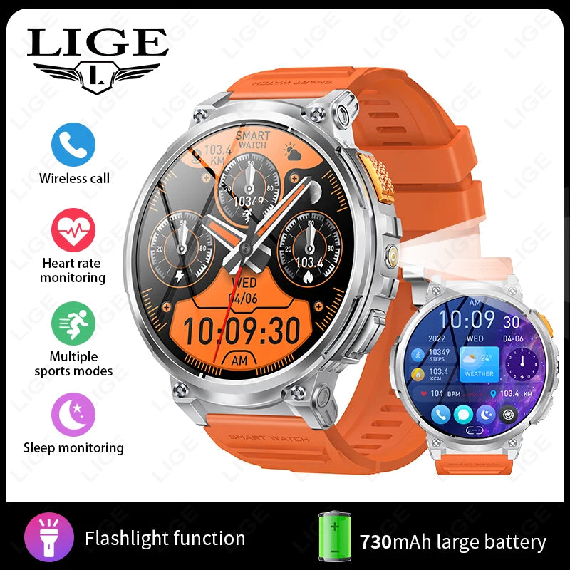 "LIGE Smart Watch for Men | Flashlight, BT Call, Fitness & Health Monitor | 730mAh Battery, Compatible with Android & iOS"