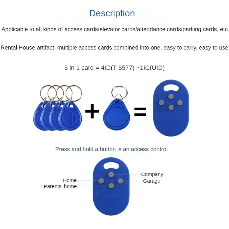 1pcs/Lot RFID Multiple Key Fob 5 in 1 125khz T5577 EM ID Card Writable IC 13.56 Mhz 1k S50 UID Changeable Key Fob Tag ID+IC