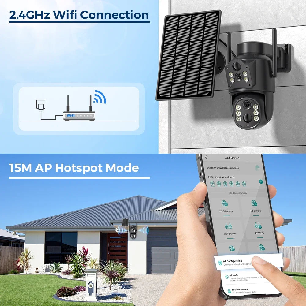 4k 8MP WIFI Solar Camera With 7800 mAh Battery Dual Lens Wireless PTZ Camera Color Night Vision Security Surveillance ICSEE