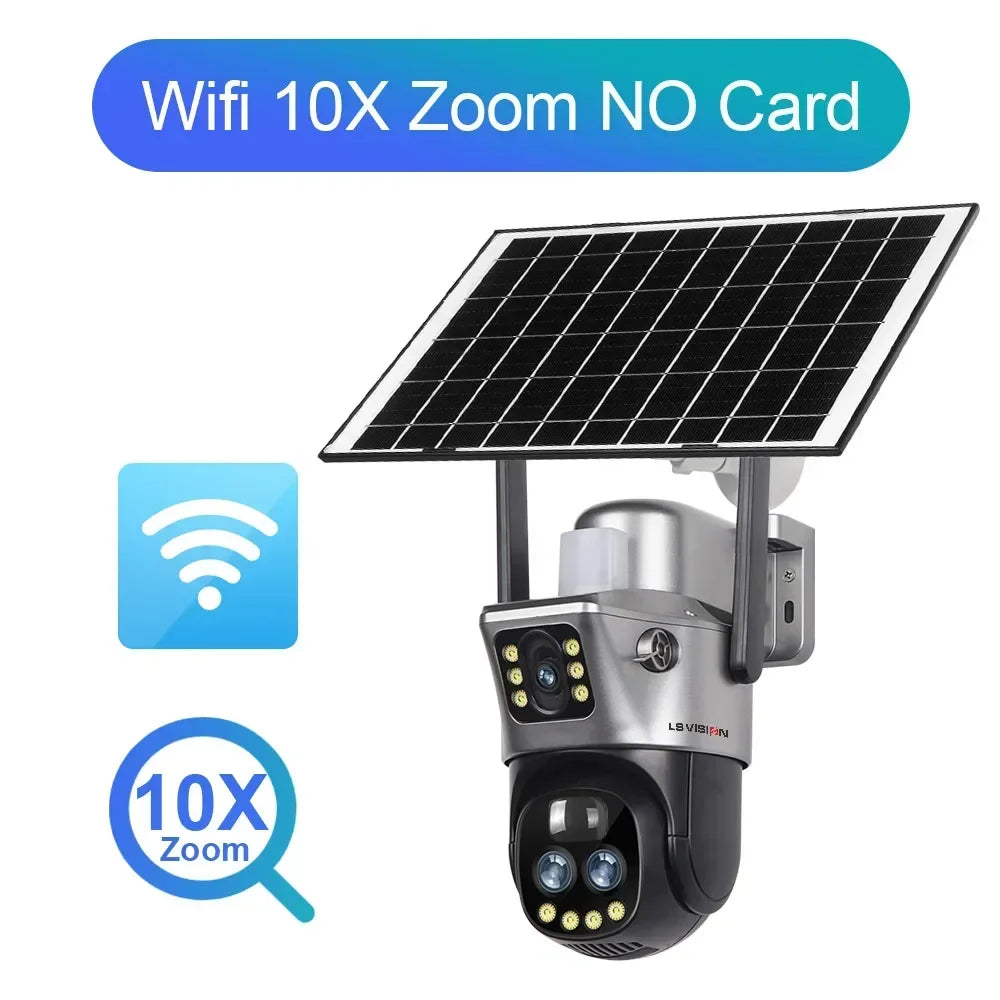 LS VISION 6K 12MP 10X Zoom 4G Solar Camera Outdoor WiFi PTZ Dual Screen Red Blue Light Alarm Auto Tracking Surveillance Cameras