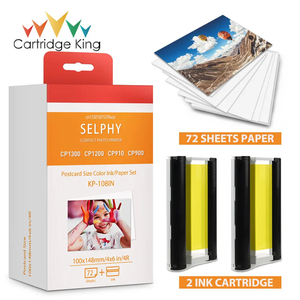 Compatible for Canon Selphy CP1300 CP1200 CP1000 CP910 Ink Cassette for Selphy CP1500 Photo Paper Set Printer KP108IN 6 Inch