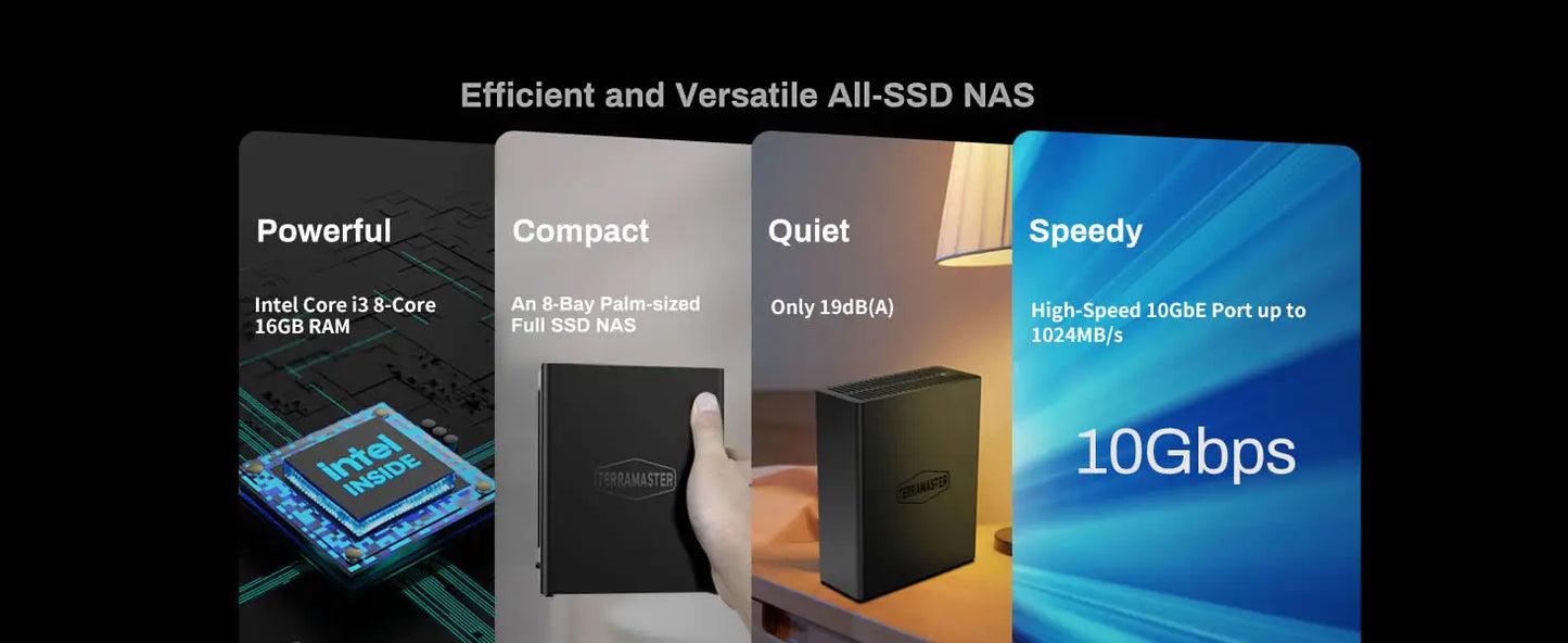 TERRAMASTER F8 SSD Plus NAS - 8Bay All SSD Core i3 8-Core 8-Thread CPU, 16GB RAM, Palm-Sized Network Attached Storage (Diskless)