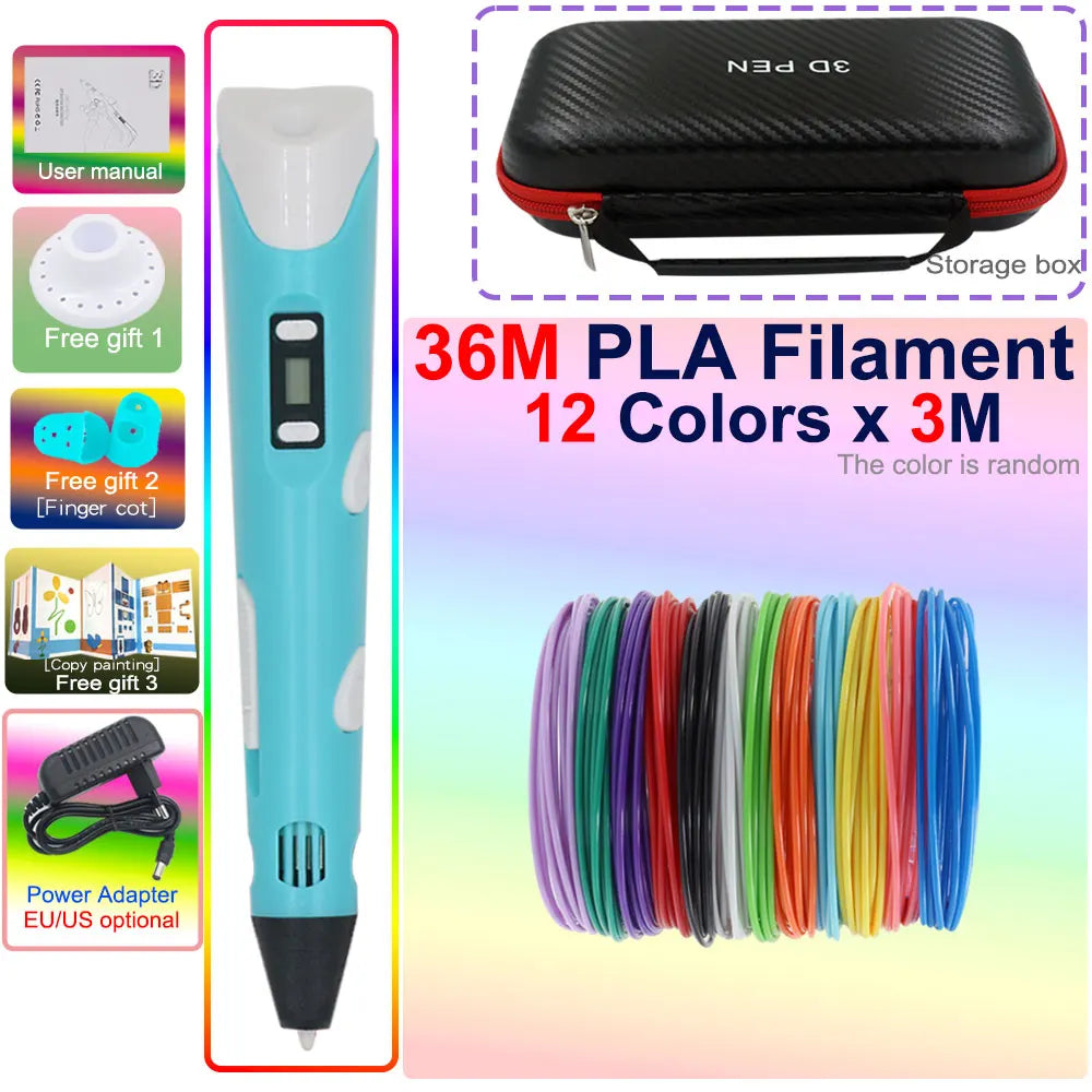 Novel Creative Children's 3D Printing Pen with LCD Display PLA Filament Power Adapter Travel Box Kids Christmas Birthday Gift