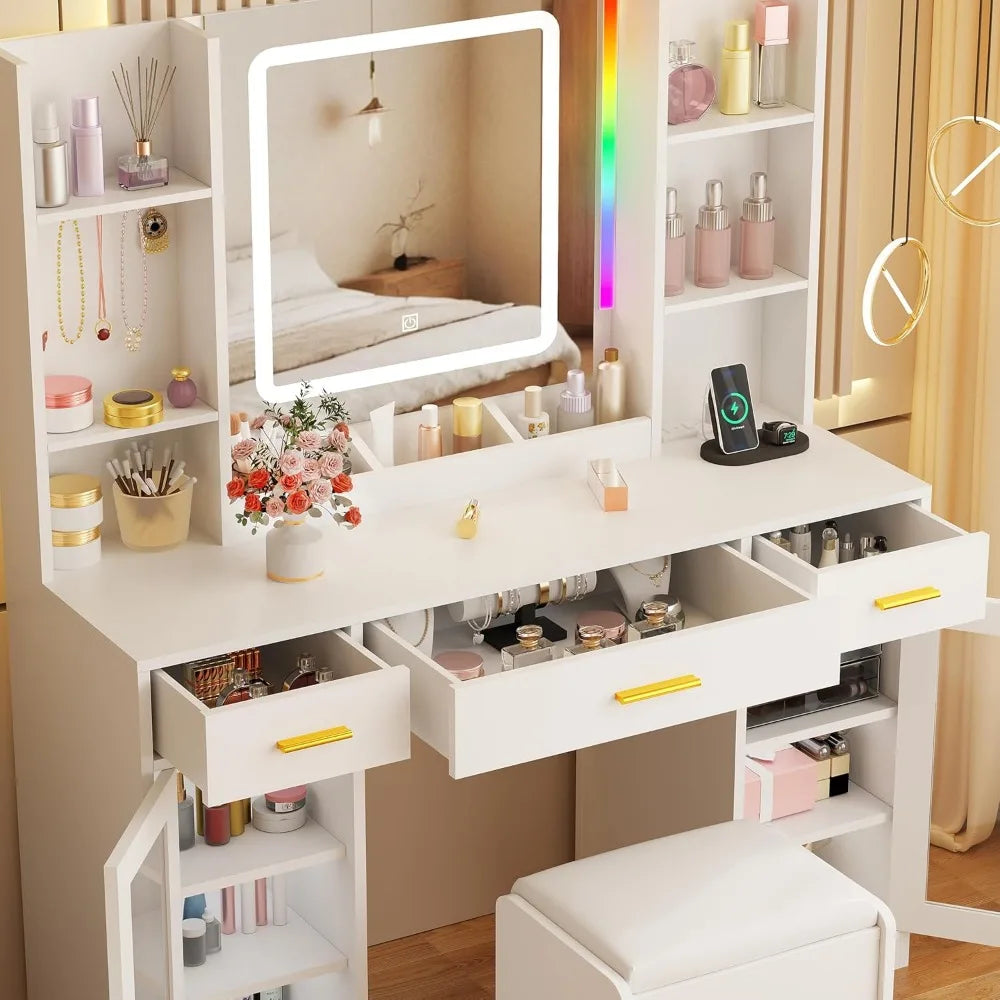 Vanity Desk with Mirror and Lights 3 Colors 43.3" Makeup Vanity with RGB Lights and Power Strip Large Vanity Set Dressing