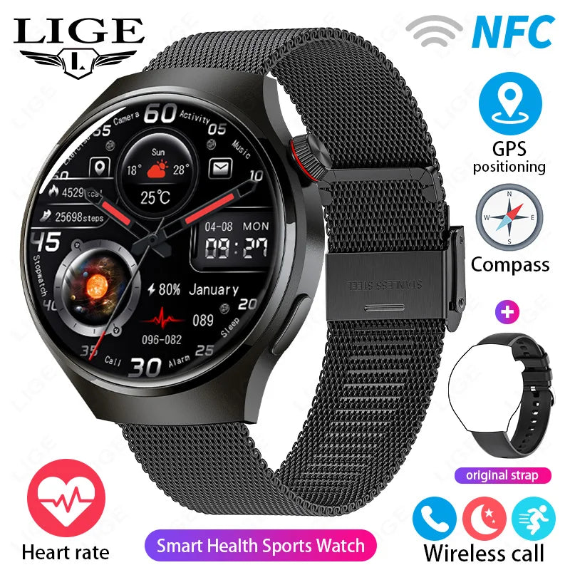 LIGE NFC GPS SmartWatch For Huawei Xiaomi Android ios AMOLED HD Screen Watches Health Smart Watch Men Waterproof Bluetooth Call