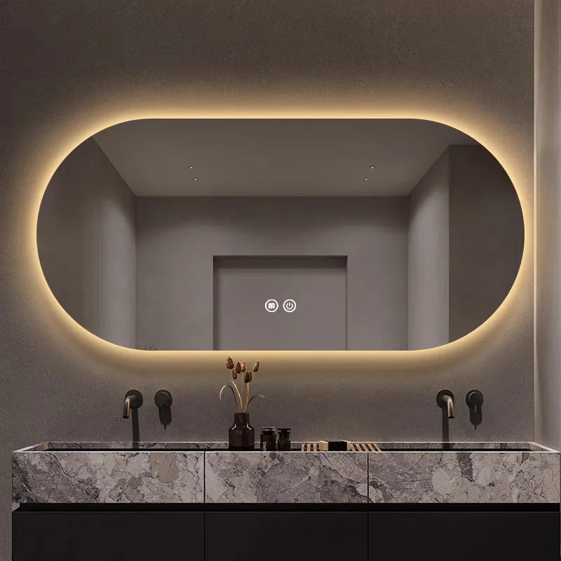 "Elliptical LED Bathroom Mirror | Anti-Fog, Wall-Mounted, 3-Color Lighting | Perfect for Hotels & Restrooms"