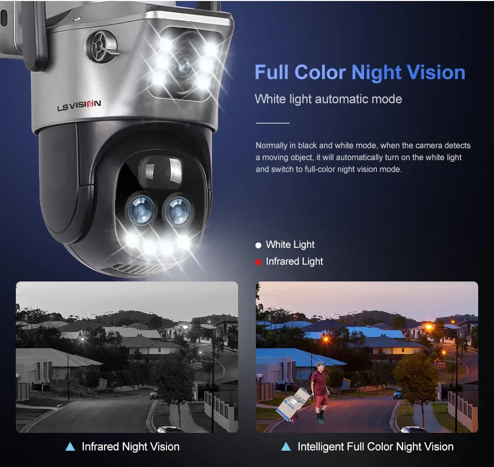 LS VISION 6K 12MP 10X Zoom 4G Solar Camera Outdoor WiFi PTZ Dual Screen Red Blue Light Alarm Auto Tracking Surveillance Cameras