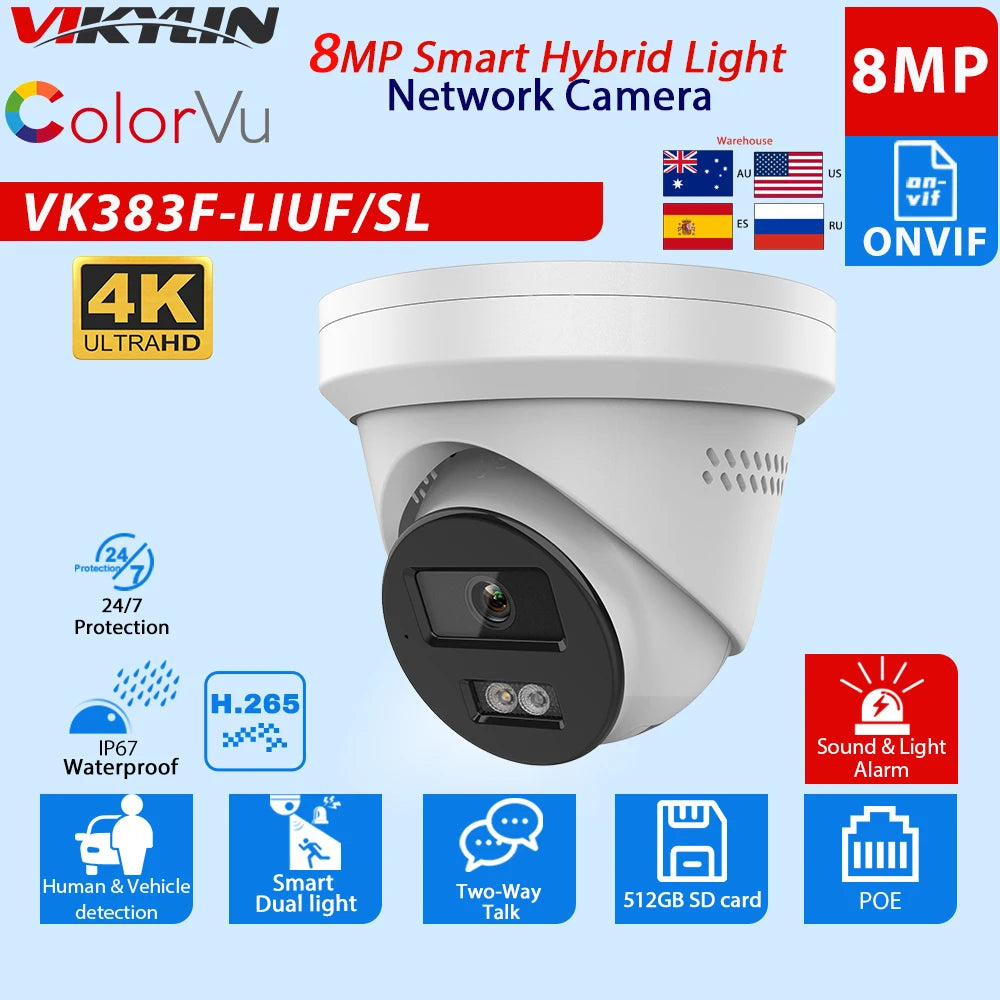 VIKYLIN for hikvision OEM 5MP 8MP IP Camera Smart Hybrid Light Human Vehicle Detection Alarm POE Security Camera Home CCTV IP67