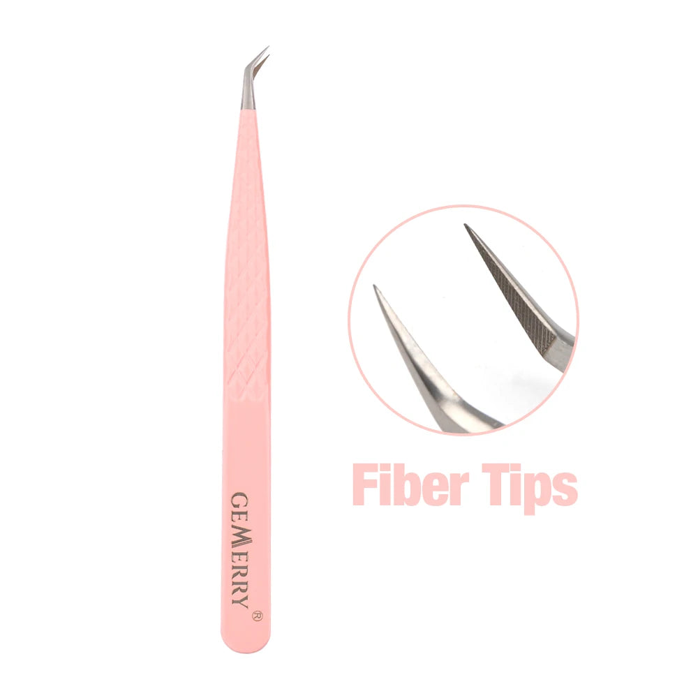 Gemerry 1 pcs Pink Stainless Steel Tweezers Eyelash Extensions High Precision Anti-static Tweezers with Fiber Tips Makeup Tools