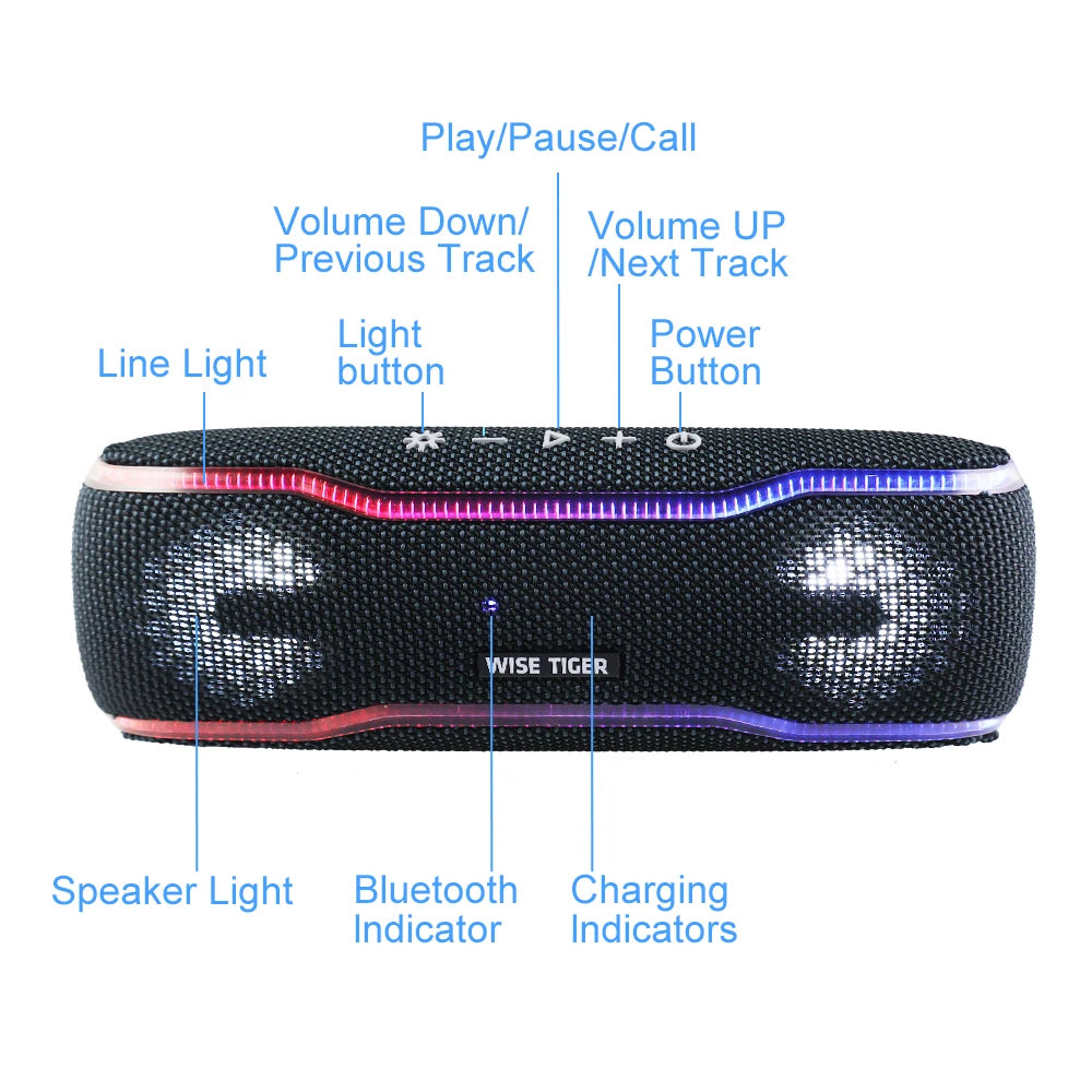 WISETIGER Speaker Outdoor Portable IPX7 Waterproof Sound Box BT5.3 Louderspeaker Stereo with 25W Colorful Light Surround Speaker