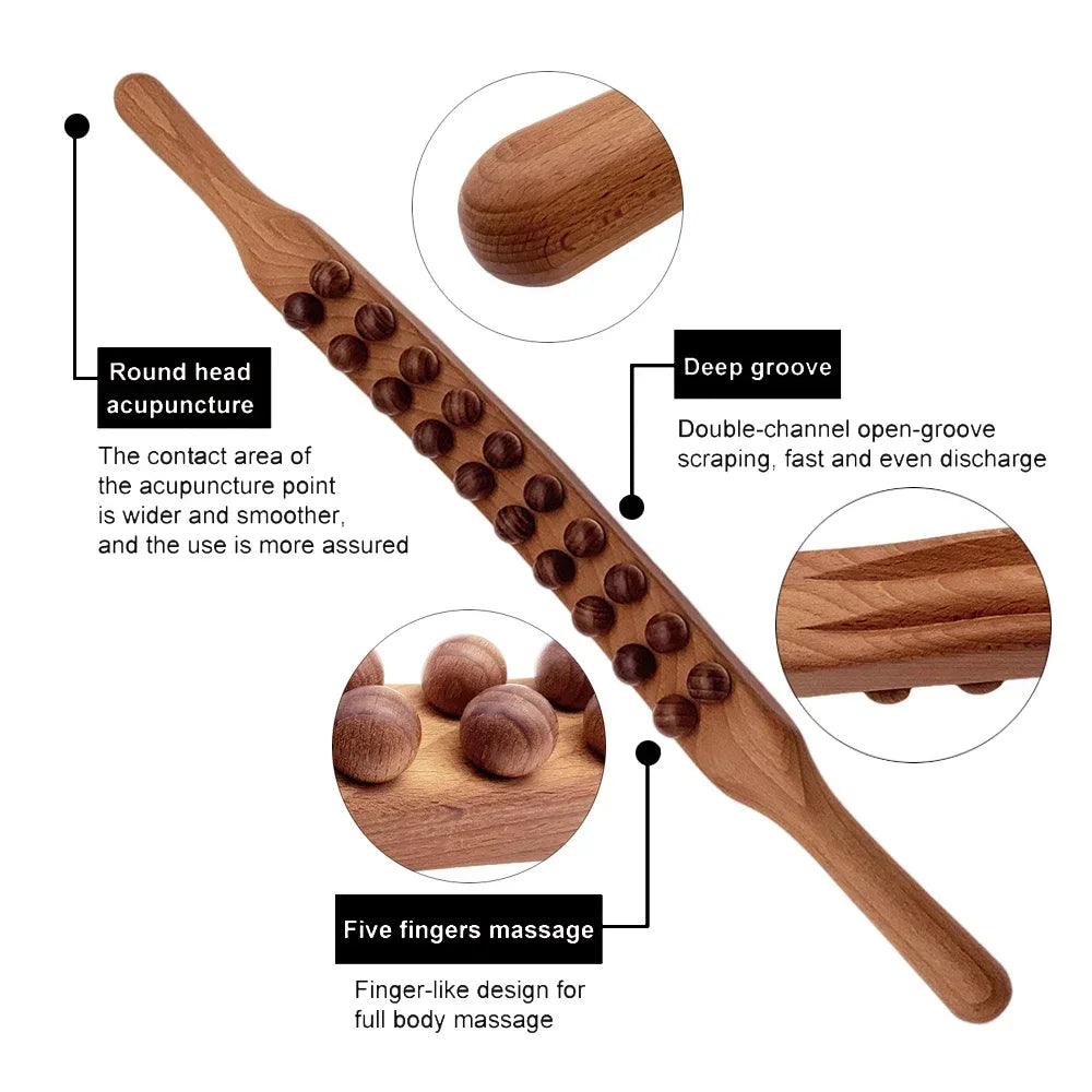 Guasha Wood Stick Tool Wooden Therapy Scraping Lymphatic Drainage Massager Double Row 31/20 Beads Point Back Pain Relief Roller