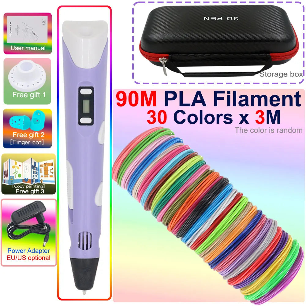 Novel Creative Children's 3D Printing Pen with LCD Display PLA Filament Power Adapter Travel Box Kids Christmas Birthday Gift