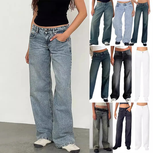 Jeans Women Denim Wide Leg Pant Floor Length Pants Splice Loose Casual Pockets High Waist Straight Trousers Autumn Winter