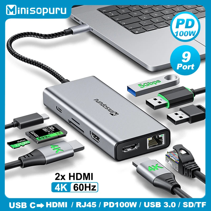 "9-in-1 USB-C Docking Station for Dual Monitors | 4K@60Hz Display, RJ45, PD100W, SD/TF Slots | Multiport Adapter for MacBook Pro"