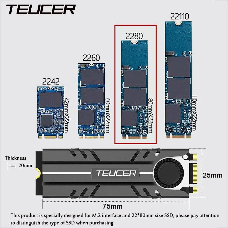 TEUCER M.2 NVMe SSD Heat Sink 2280 Solid State Disk Air Circulation Cooler Heatsink Gasket with Thermal Pad PC Accessories