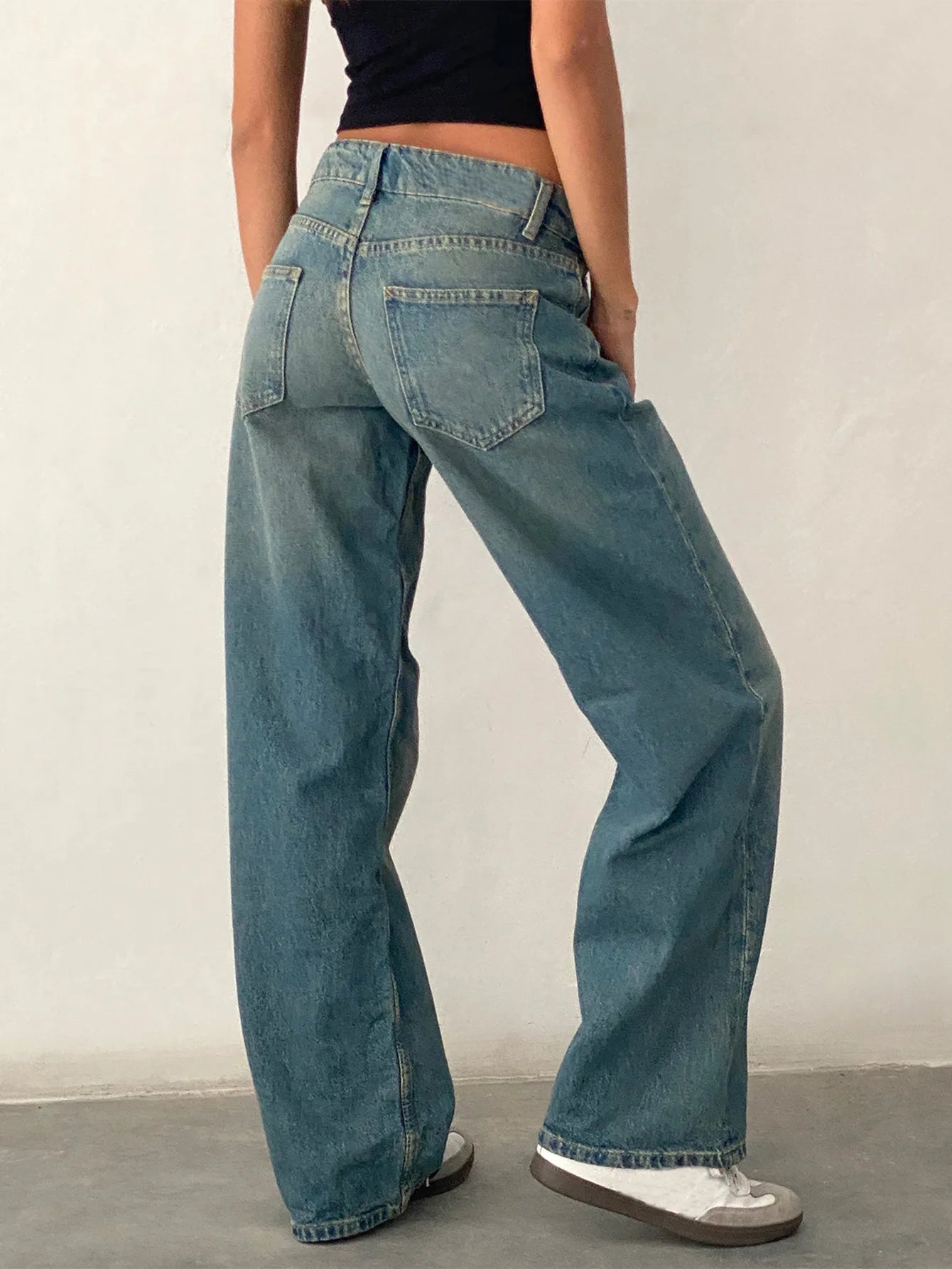 Jeans Women Denim Wide Leg Pant Floor Length Pants Splice Loose Casual Pockets High Waist Straight Trousers Autumn Winter