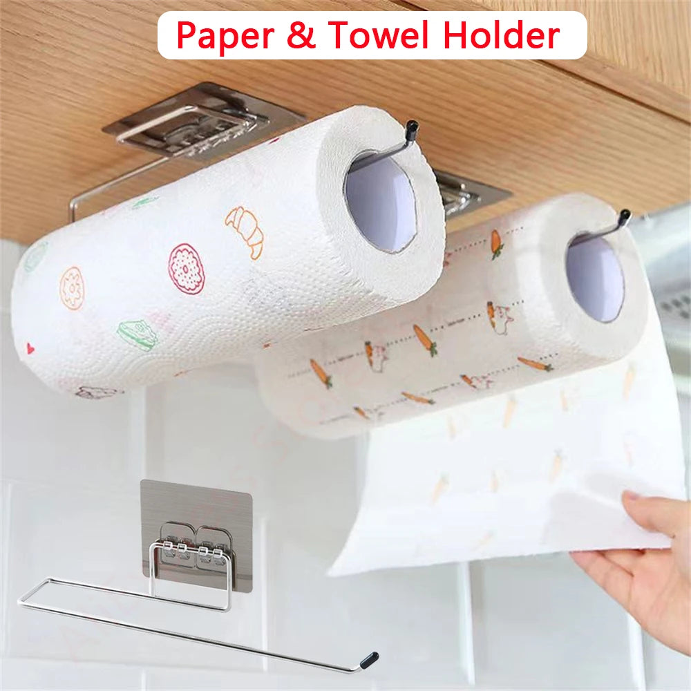 Adhesive Hanging Paper Roll Towel Holder Bathroom Toilet Storage Stand Kitchen Organizer Napkin Rack Stainless Steel Wall Mount