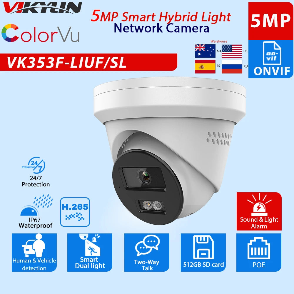 VIKYLIN for hikvision OEM 5MP 8MP IP Camera Smart Hybrid Light Human Vehicle Detection Alarm POE Security Camera Home CCTV IP67