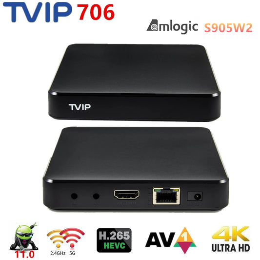 "2024 4K H.265 Smart TV Box TVIP 706 | Nordic Edition with Android 11.0 & Linux | 2GB/8GB, Dual-Band WiFi, BT | Popular in Sweden, Norway, Finland"