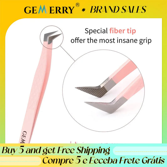 Gemerry 1 pcs Pink Stainless Steel Tweezers Eyelash Extensions High Precision Anti-static Tweezers with Fiber Tips Makeup Tools