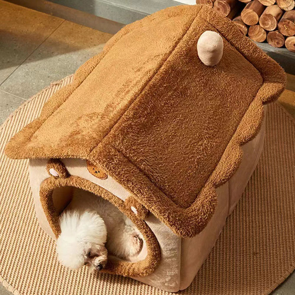 1PC Four Season Universal Enclosed Pet Bed, Wrapped Cat Bed, Dog Bed, Brown Teddy Bear Style Bed