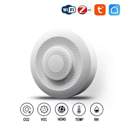 جهاز Tuya Zigbee/WIFI Airbox الذكي، كاشف ثاني أكسيد الكربون والفورمالديهايد والمركبات العضوية المتطايرة، مستشعر درجة الحرارة والرطوبة، التحكم بالتطبيق، ربط المشهد المنزلي الذكي