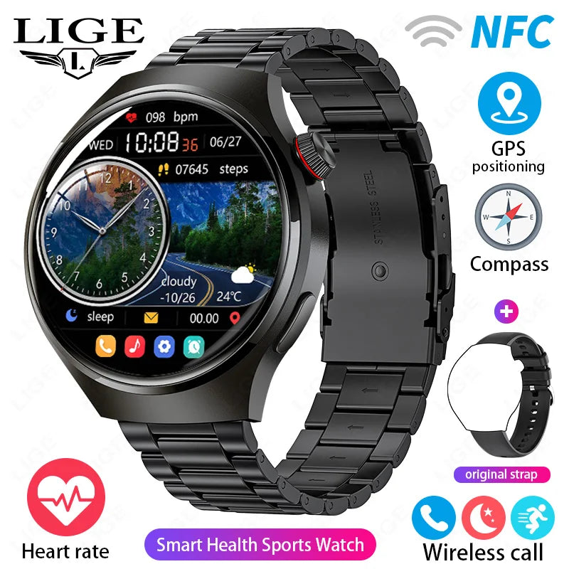 LIGE NFC GPS SmartWatch For Huawei Xiaomi Android ios AMOLED HD Screen Watches Health Smart Watch Men Waterproof Bluetooth Call