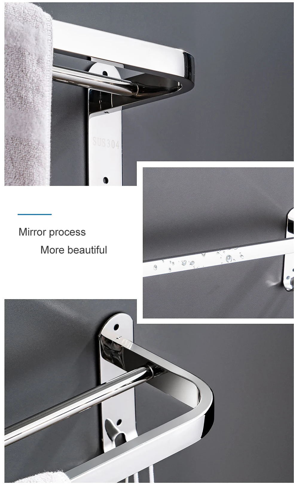 Stainless Steel 40-60CM Towel Bar With Hook Wall Mount Rack Mirror Chrome Shower Rod Rail Hanger Bathroom Holder Accessories